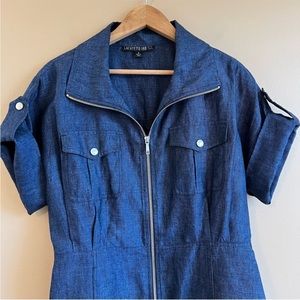 LAFAYETTE 148 navy linen zip up top short sleeve size 4 double chest pocket